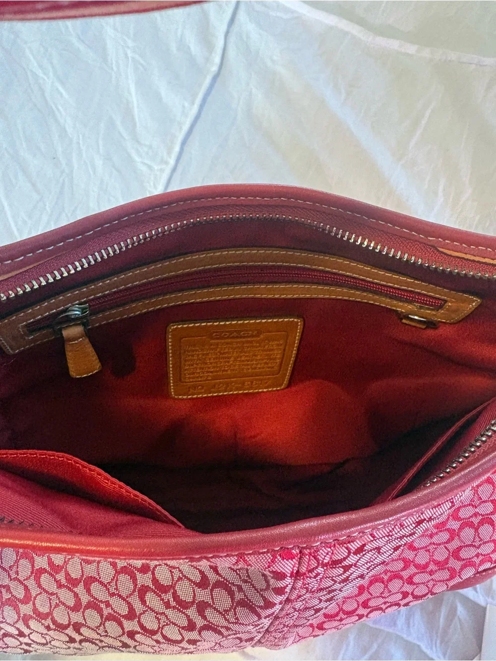 Coach Red Signature Canvas Hobo Bag with Leather Trim
